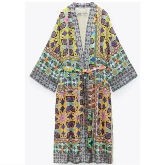 ZARA Printed  Belted Long Line‎ Open Front Kimono Robe Sz XS S M NEW! - Picture 15 of 16